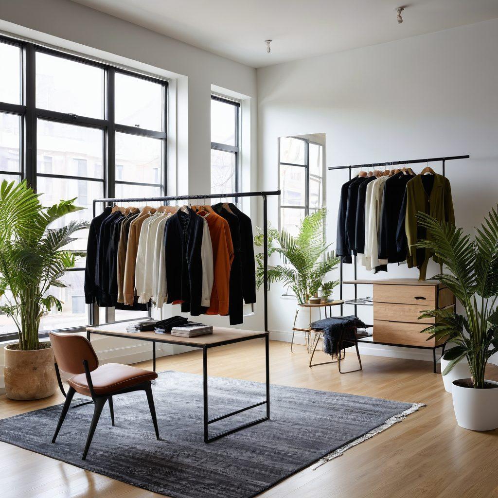 A modern design studio showcasing the latest trends in fashion and interior design, featuring a harmonious blend of aesthetics and functionality. Include stylish clothing racks with innovative garments, ergonomic furniture in a minimalist setting, and vibrant plants to emphasize a lively atmosphere. Use soft natural light to enhance textures and colors. super-realistic. vibrant colors.