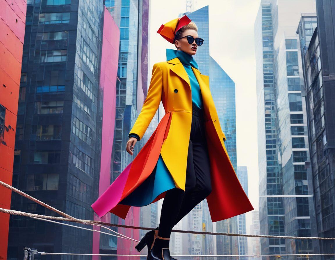 A stylish person confidently balancing on a tightrope, showcasing innovative fashion trends and concepts, surrounded by whimsical elements like oversized colorful accessories and abstract shapes. In the background, a vibrant cityscape reflects modern architectural styles, enhancing the theme of stability in fashion. super-realistic. vibrant colors. 3D.
