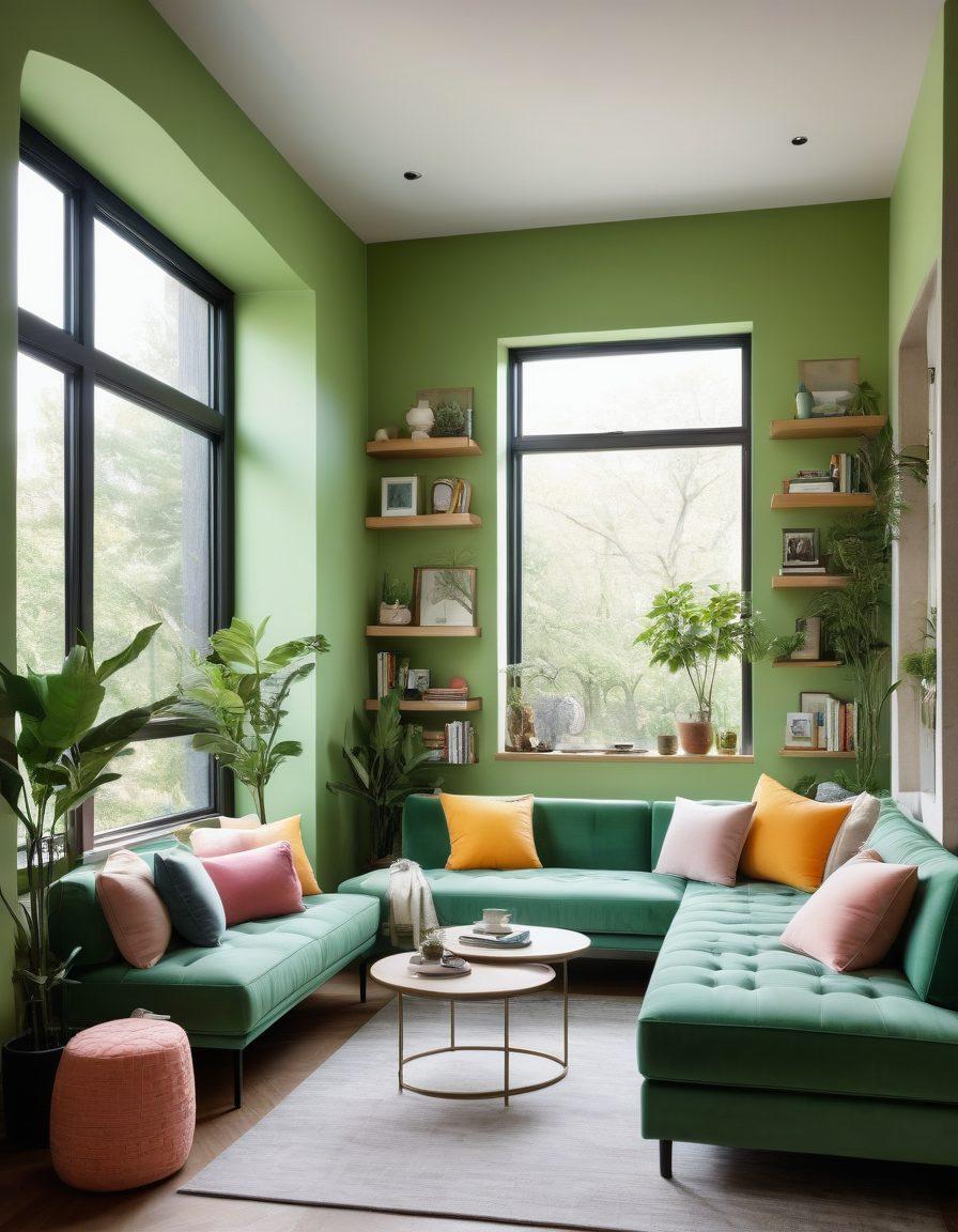 A stylish and modern living space showcasing the latest interior design trends, featuring a cozy reading nook, a vibrant color palette, and trendy décor accents. Large windows letting in natural light, plants for freshness, and unique art pieces on the walls. A sense of comfort and stability exuding from the space. super-realistic. vibrant colors. minimalistic style.